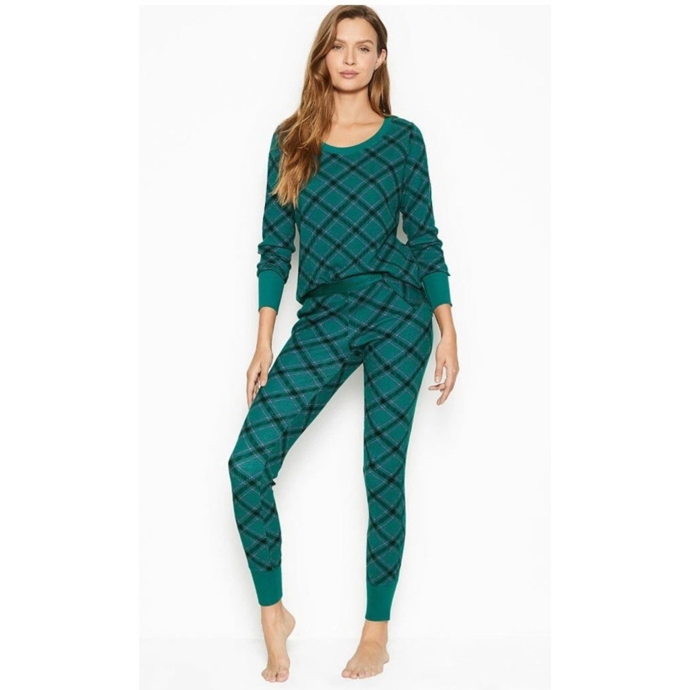 VICTORIA'S SECRET Thermal Long PJ Set Green Bias Plaid size L
